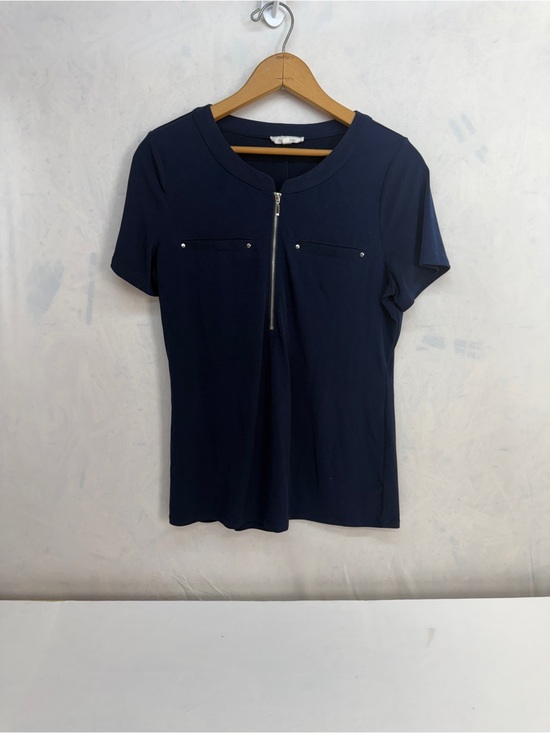 Ava James Tops - Navy Short-Sleeve Zip-Front Tee with Chest Pocket Accents